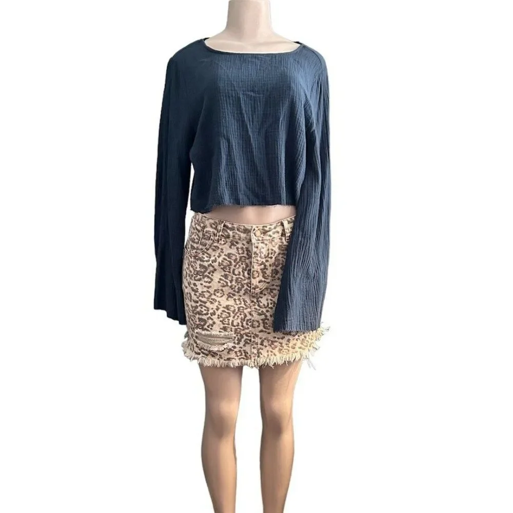 Hudson Gray Steel Blue 100% Cotton Raw Edge Long Bell Sleeve Top Size Large